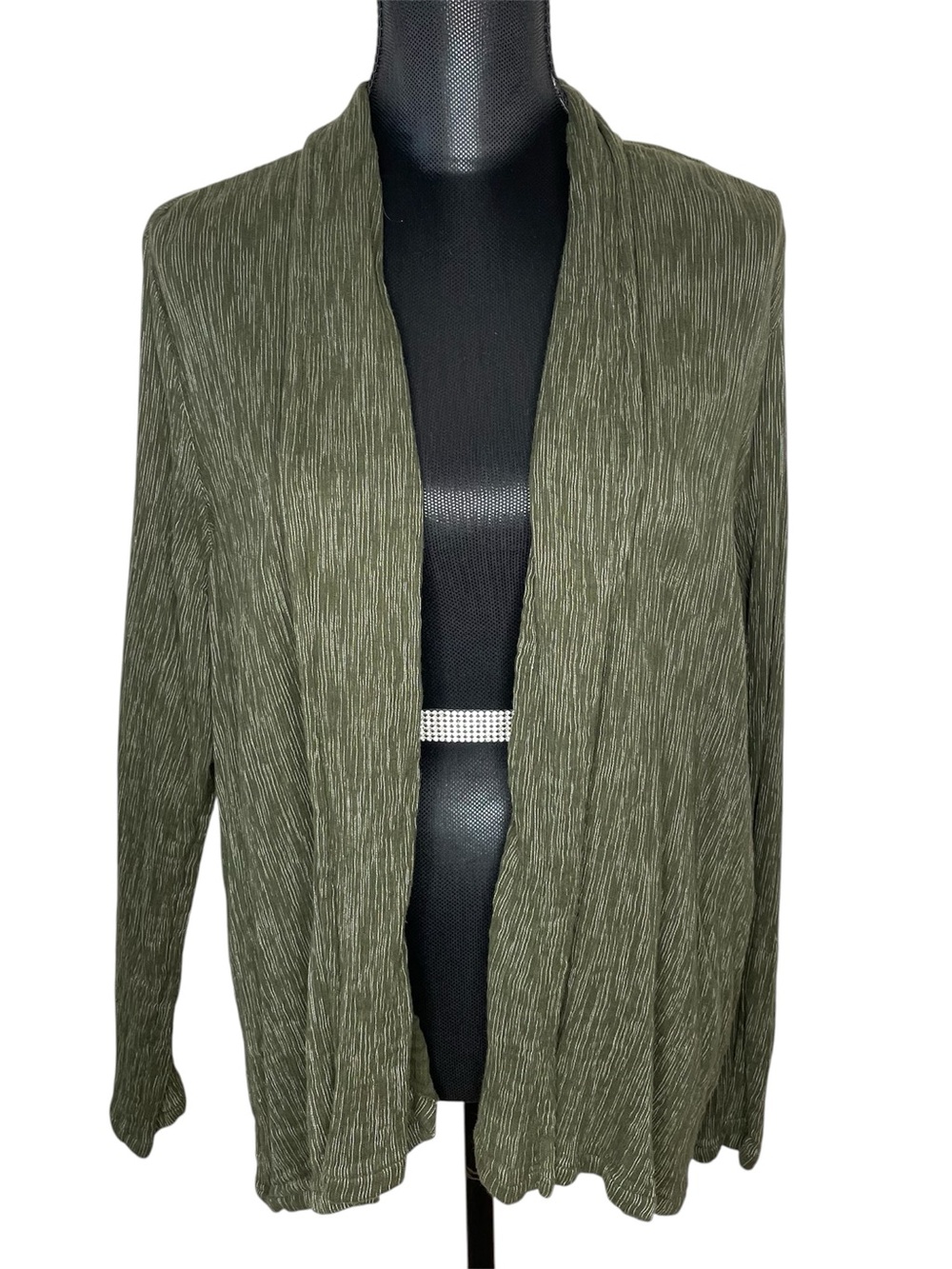 J Jill Cardigan Sweater Open Front Textured Crinkle Cotton Olive Green Large